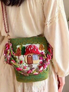 Handmade Crochet Mushroom House Crossbody / Shoulder Bag